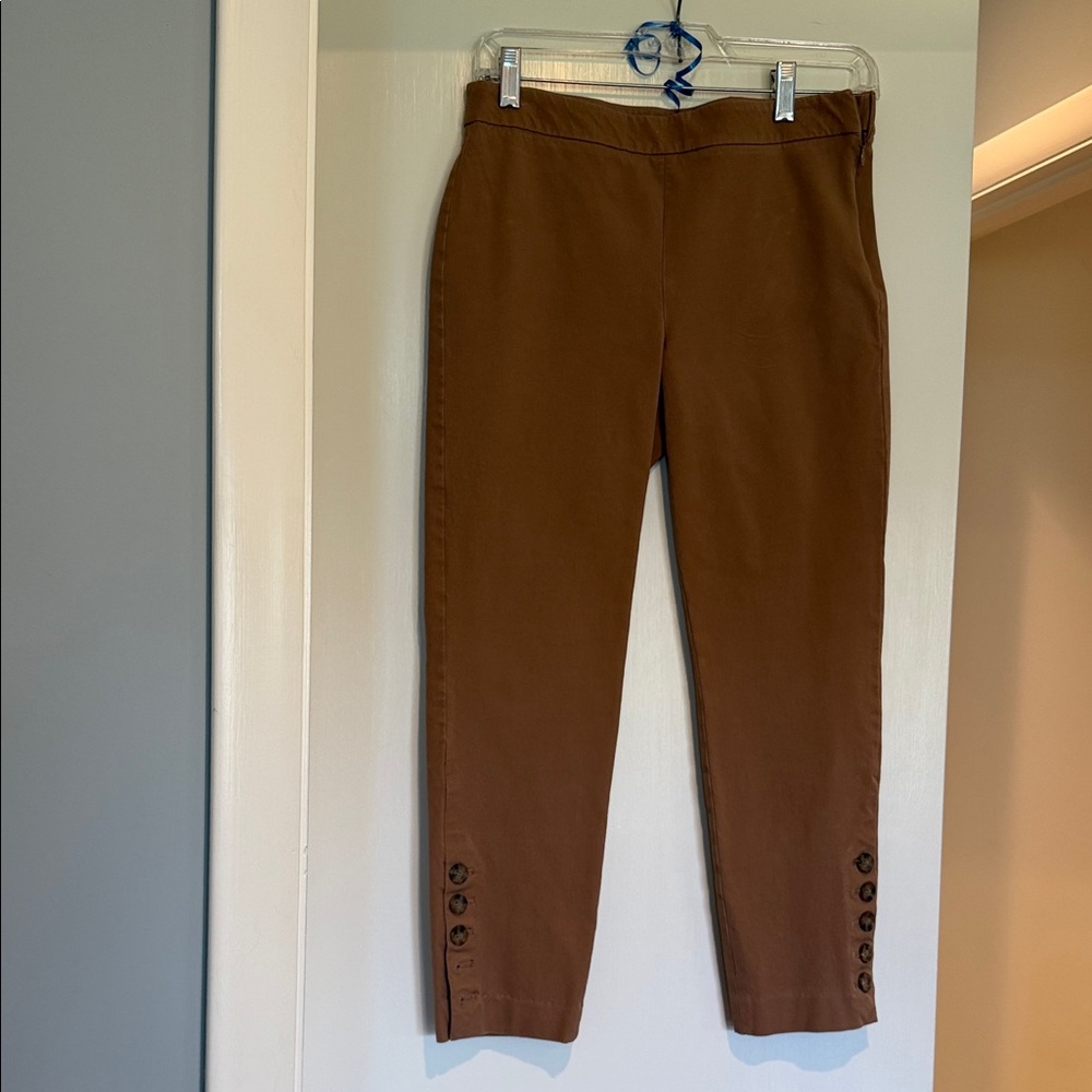 Brown Button Hem Slim Pants